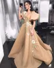 Fashion Champange A-Line Prom Dresses Deep V-Neck Embroidery Applique Short Sleeves Party Dress Glamorous Arabia Sweep Train Evening Dress