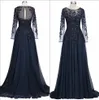 Navy Blue Sheer Long Sleeves Chiffon Mother Of The Bride Dresses Beaded Stones Floor Length Formal Party Evening Dresses BA9135