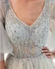 Niesamowite Silver Beaded Prom Dresses Sexy V Neck See przez Beżowy Tulle Suknie Wieczorowe Sweep Pociąg Kobiety Formalna Dress Party Dress Custom