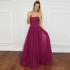 Strapless Burgundy Red Long Prom Dresses Sequins Tulle Ribbon Sash Floor Length Backless Evening Gowns Formal Dresses Zipper Up