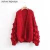 HITOM PRINCESS Lantern Sleeve Pompom Ball Knitted Sweaters Women Cardigan 2018 Handmade Warm Knit Jumper Oversized Outwear Coats