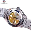 Forsining Cassa ingranaggi in acciaio inossidabile argento Lancette luminose Orologio scheletro dorato Orologi da polso meccanici da uomo Top Brand di lusso