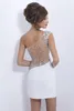 Sexy white crystals Beading Short Cocktail dresses one shouldersheer back prom dress Sheath homecoming dress evening party gown9400727