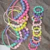 Summer elastic string fashion muhi-color bead bib necklace bracelet set for kid handmade statement acrylic beads stretched jewelry sets