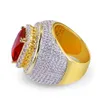 Мужские роскошные хип-хоп кольца с красным рубином Micro Pave кубический цирконий Bling Bling искусственные бриллианты 18-каратное позолоченное кольцо