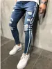 Side Striped Blue Ripped Denim Long Trousers Pants Distressed Washed Biker Cool Slim Jeans Mens High Street Pants