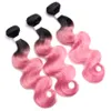 Cabello humano brasileño virgen rosa 3 paquetes con cierre de encaje Negro a rosa Ombre Body Wave Tejido de cabello humano con cierre de encaje 4 * 4