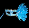 Venetian Masquerade Mask på Stick Mardi Gras Kostym EyeMask Printing Halloween Carnival Hand Held Stick Feathers Party Mask