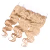 Honey Blonde Ear To Ear Lace Frontal Closure 13x4 z wiązkami Ciało Fala # 27 Truskawka Blondynka Malezyjski Włosy Wyplata Wiązki z Frontal