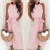 Elegant Sexy Jumpsuits Women Summer Bowknot Pants Playsuit Sleeveless Rompers Holiday Belted Leotard Overalls Office Lady Striped Jumpsuits