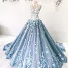 Glamorous Handmade Flowers Evening Dress Sexy High Neck Beads Lace Applique Tulle Ball Gowns Prom Dress Elegant Dubai Long Evening Gowns