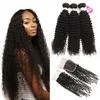 Brasiliansk Kinky Curly Virgin Hair Weave With Closure Free Middle 3 Part Double Weft Mänskliga hårförlängningar Färgbara Human Hair Weave