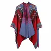 Nya Kvinnor Vinter Etnisk Abstrakt Mönster Tjockad Coat Cape Wrap Poncho Shawl Scarf Split Dual-Använd sjal dropshipping