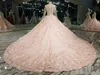Luxuriöses rosafarbenes neues Designer-Ballkleid-Abschlussballkleid mit langen Ärmeln, Spitze, appliziertes Perlenkleid, Abendgarderobe, formelle Kleider in Übergröße nach Maß