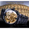 Forsining Retro Klasik Kraliyet Tasarım Altın İskelet Siyah Çelik Şeffaf Erkek Otomatik Mekanik Saatler Üst Marka Lüks