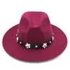 Mode unisexe laine mélangée Panama chapeau Fedora casquettes extérieur large bord Sombrero parrain casquette église chapeau bande de cuir avec fleur