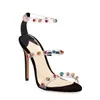 Luksusowa moda lato Multicolor Rhinestone Studded wysokie obcasy wesele buty kobiece pleksi klamra kostki paski kryształowe sandały damskie