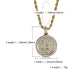 Hip Hop Iced Out Gold Färgpläterad Bitcoin Pendant Halsband Micro Pave Zircon med 60cm repkedja