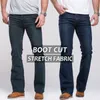 Męskie dżinsy typu Boot Cut lekko rozkloszowane Slim Fit znane marki niebieskie czarne dżinsy projektant klasyczne męskie dżinsy ze streczem S913