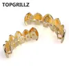 TOPGRILLZ Gold Hip Hop Teeth Grillz Micro Pave Cubic Zircon TopBottom Vampire Fangs Teeth Grills Set Holleween Gift Idea2016780