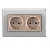 Coswall 16A EU Standard Wall Double Socket Luxury Power Outlet Stainless Steel Brushed Silver Panel 146mm*86mm AC 110~250V