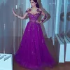 Elegante Arabia Roxo Vestidos de Baile Ver Através Sheer Jewel Pescoço Manga Longa Vestido de Festa Sexy Beads Lace Applique Tulle Moda Vestidos de Noite