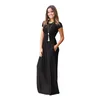 Women Fashion Summer Pocket Floor Length Dress Women Party Dresses Casual Short Sleeve O Neck Solid Maxi Dress Female