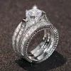 Frete grátis Hot venda de Noivado Topázio Simulado Diamante Diamante 14KT Ouro Branco Preenchido 3 Conjuntos de Anel de casamento mulheres presente Tamanho 5-11