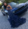 Sparkly Navy Blue Mermaid Prom Dresses Beads Crystals Sequined Floor Length Sweetheart Ruffles Formal Dresses Evening Wear Custom HY4122