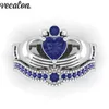 Vecalon Lovers 5 색 Birthstone Claddagh 링 5A 지르콘 CZ 화이트 골드 가득 약혼 결혼식 밴드 반지 여성을위한 세트