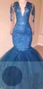 Baby Blue Mermaid Prom Suknie Wieczorowe V Neck Koraliki Kryształy Długie Rękawy Illusion Losted Tulle Koronki Aplikacja Formalne sukienki Wieczór