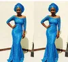 2018 vestidos de renda azul à noite desgaste para meninas negras fora do ombro com mangas 3/4 sereia baratos Prom Formal Vestidos estilos de rendas nigeriano