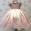 Joya rosa manga corta vestido de fiesta perlas apliques encaje hasta el suelo hermoso lindo vestido de novia hecho a medida vestido de niña de flores