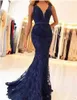 2018 New Elegant Dark Navy Lace Mermaid Prom Dresses Sleeveless Beaded Appliques vestido de festa Long Evening Pageant Party Gowns