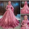 멋진 회교도 긴 소매 웨딩 드레스 2018 겸손한 높은 목 라인 3D 꽃 레이스와 Tulle 로즈 핑크 럭셔리 아랍 웨딩 가운