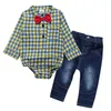 2PCS Baby Rompers Boys Long Rleeve Siatka Romper T-shirt +Demin Pants Kids Casual Clothing Sets