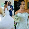 Sereia africano Vestidos De Casamento Sheer Neck Cristais Contas Lantejoulas Plus Size Vestido De Noiva Lace Apliques Botões Mangas Compridas Vestidos de Noiva
