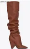 2018 fashion women point toe knee high boots brown leather Booties Women slip on Boots party shoes spike heel party boots