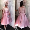Chic te längd kort mor till bruden klänningar med halv ärm spets kväll klänningar rosa mode bröllop gästklänning