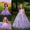 Muhteşem Kabarık Çiçek Kız Elbise Ile 3D Çiçek Aplike V Yaka Dantel-Up Backless Kızlar Doğum Günü Elbise Güzel Kızlar Pageant Elbiseler