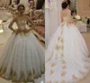 New Ball Gown Arabic Lace Long Sleeves Wedding Dresses Dubai Scoop Neck Gold Applique Beaded Plus Size Button Back Bridal Gowns Court Train