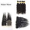 Cheveux vierges brésiliens 4 faisceaux avec fermeture frontale en dentelle Cheveux raides Kinky Curly Body Deep Wave Bundles de cheveux péruviens avec fermeture