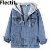 Flectit Harajuku Street Styel Mulheres Com Capuz Longo Jaqueta Denim com Caída Cinzenta Caída Grande Tamanho Hoodie Jean Jaqueta Fêmea Casaco