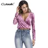 Cueelk Women Cross V-Neck Blouse Crop Top Sexy Long Sleeve Velvet Shirts Solid Color Female Casual Autumn / Spring Elegant Tops