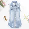 Neue Mode Sommer Lange Denim Weste Frauen Einreiher Colete Feminino Ärmellose Jeans Weste Frauen Dünne Weste Gilet Femme