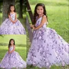 Muhteşem Kabarık Çiçek Kız Elbise Ile 3D Çiçek Aplike V Yaka Dantel-Up Backless Kızlar Doğum Günü Elbise Güzel Kızlar Pageant Elbiseler