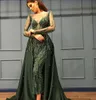 Eremald Verde De Cristal Prom Pageant Rainha Vestidos com Overskirt 2018 ziad nakad Sheer Frisado Pescoço Manga Longa de Luxo Desgaste da Noite Vestido