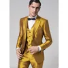 Mode Design Gold Heren Pak formeel Skinny Step Suit Blazer Shiny Custom 3 Pieces Jas Broeken Vest