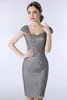 Lace Silver Grey Mother Of The Bride Dresses Knee Length Sheath With Capped Short Sleeves Custom Made Plus Size Women Evening Dresses HY328