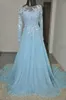 Light Blue Long Sleeve Pageant Evening Dresses Women's Lace Applique Bridal Gown Special Occasion Prom Bridesmaid Party Dress226G